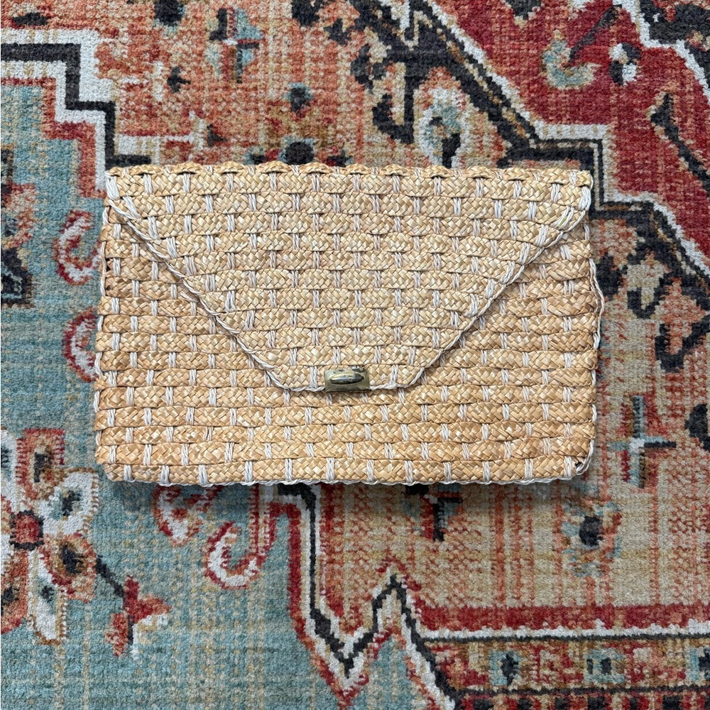Vintage Natural Straw Woven Envelope Clutch with Gold Clasp